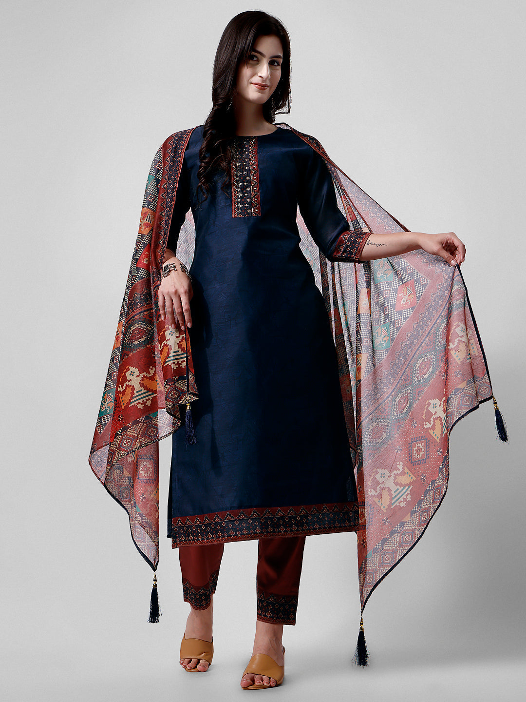 Multicolor embroidered kurta with matching pants and printed dupatta set in soft rayon fabric