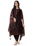 A woman wearing a multicolor hand embroidered rayon kurta set with pant and matching dupatta