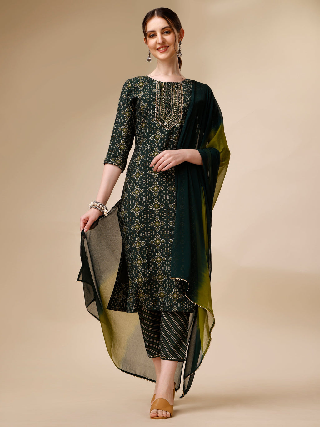 Multicolor kurta with ethnic motifs and embroidery paired with matching pants and dupatta