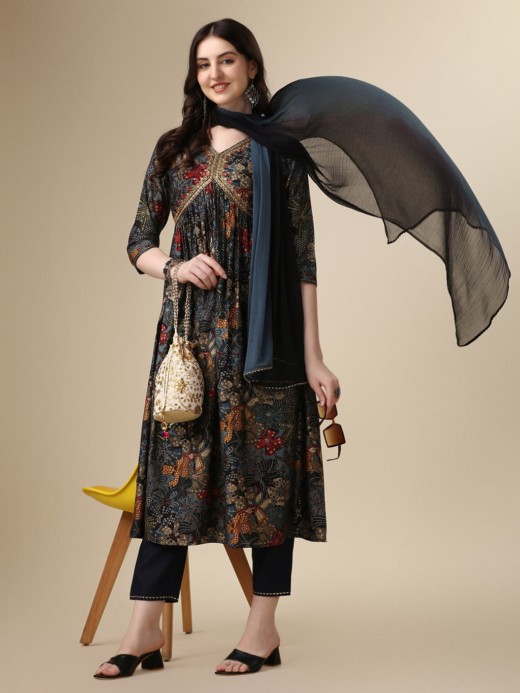 Multicolor Alia cut rayon kurta set with 3/4th sleeves and matching dupatta