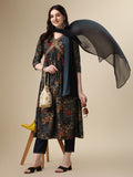 Multicolor Alia cut rayon kurta set with 3/4th sleeves and matching dupatta