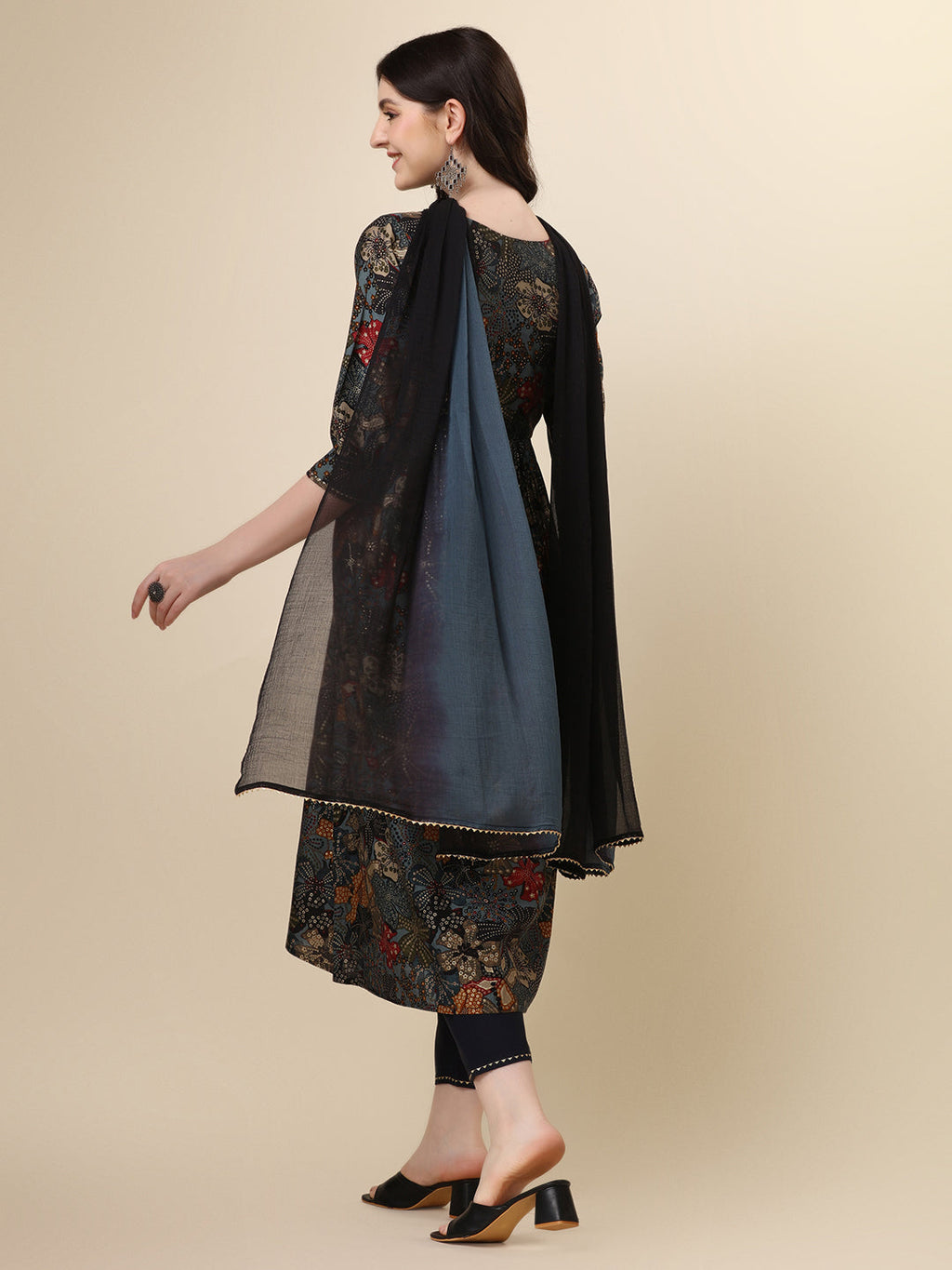 Multicolor Alia Cut Rayon Kurta Set with Pant and Dupatta
