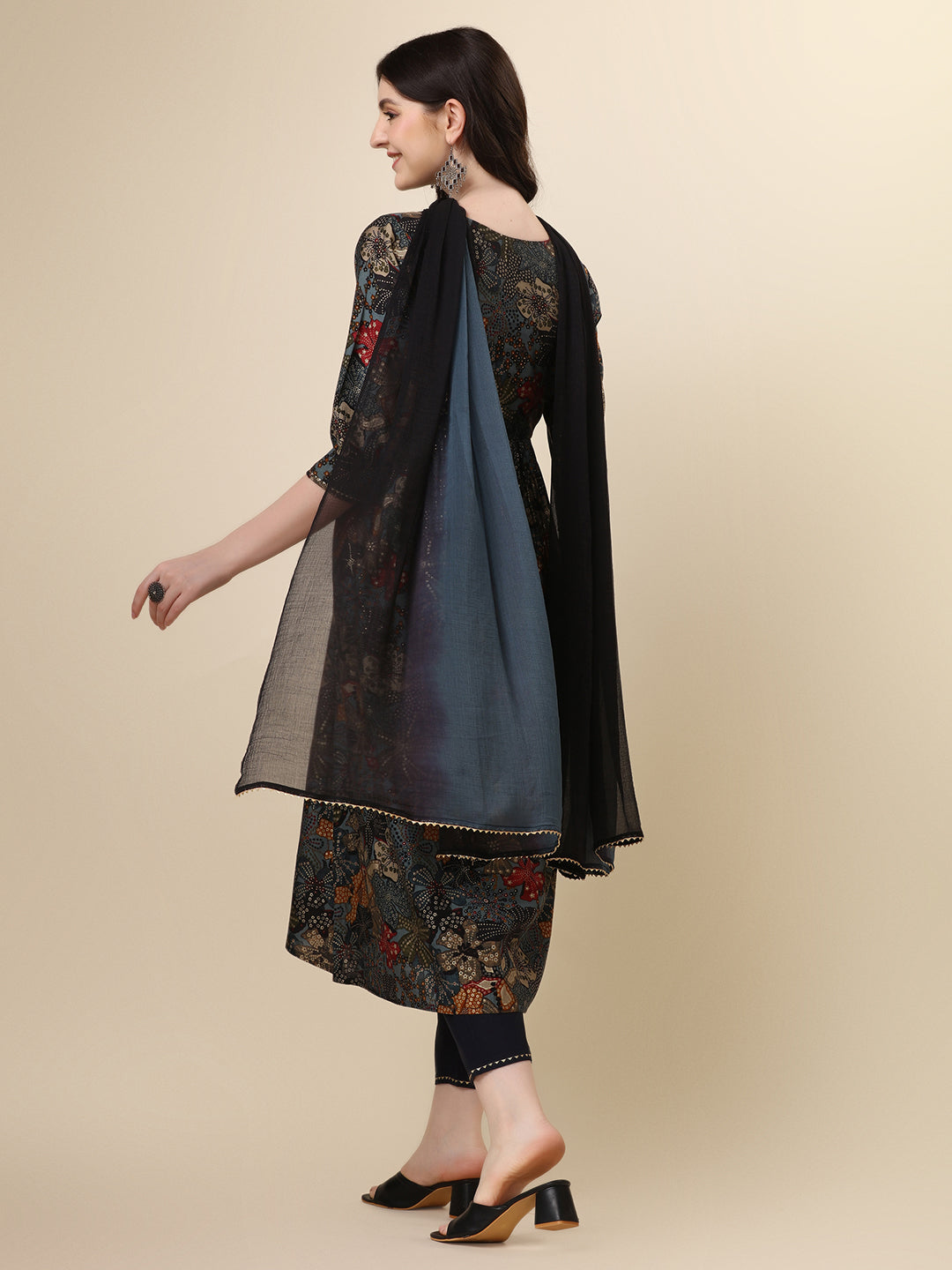 Multicolor Alia Cut Rayon Kurta Set with Pant and Dupatta