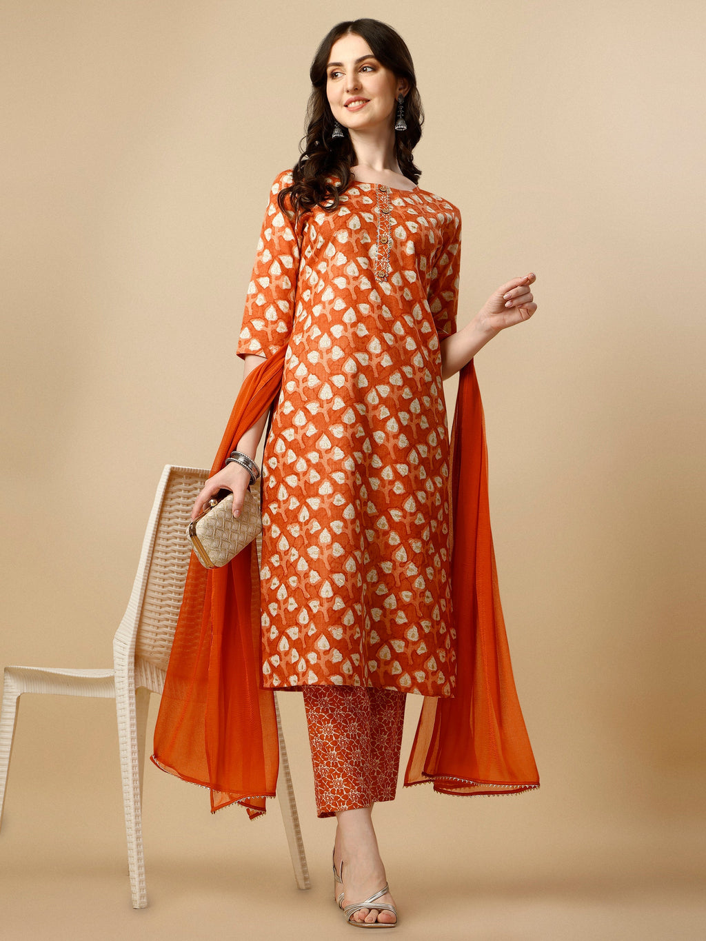 Multicolor rayon printed kurta with matching pants and dupatta set
