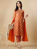 Multicolor rayon printed kurta with matching pants and dupatta set