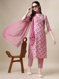 Multicolor printed rayon kurta set with 3/4th sleeves and matching pant and dupatta