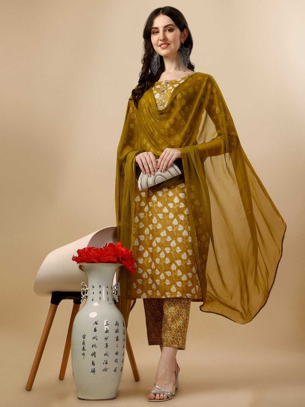 Multicolor printed rayon kurta set with matching pants and dupatta for women