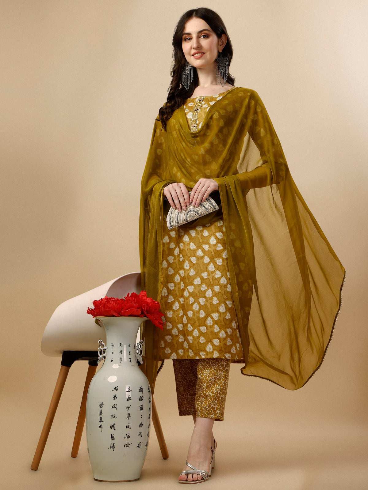 Multicolor printed rayon kurta set with matching pants and dupatta for women