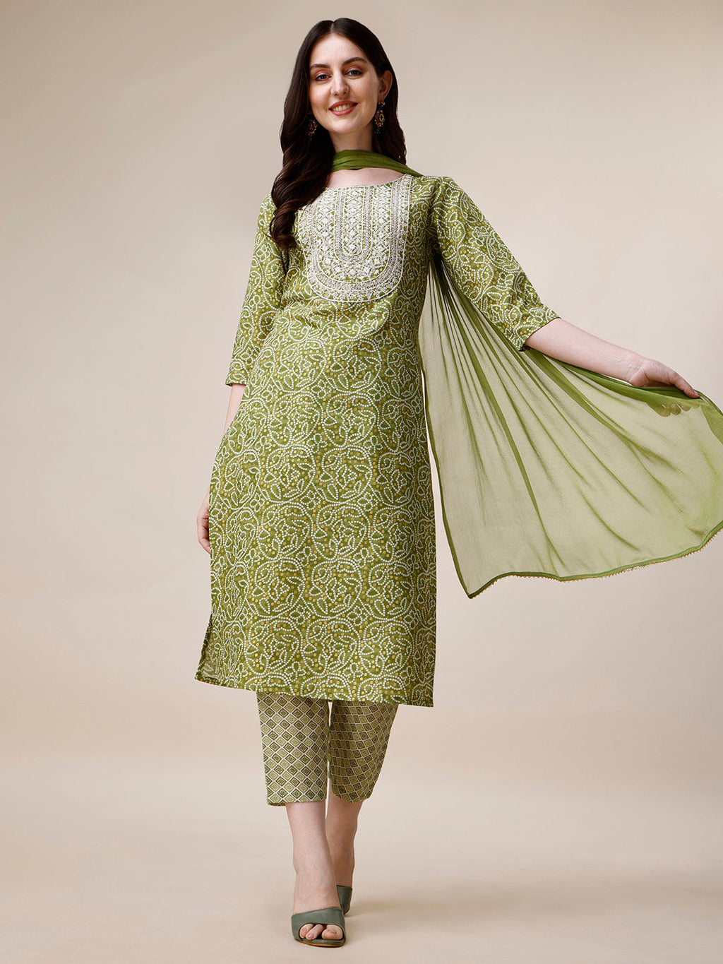Multicolor Bandhani printed kurta set with thread embroidery and matching dupatta
