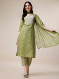 Multicolor Bandhani printed kurta set with thread embroidery and matching dupatta