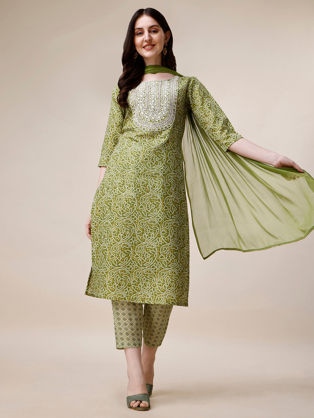 Multicolor Bandhani printed kurta set with thread embroidery and matching dupatta