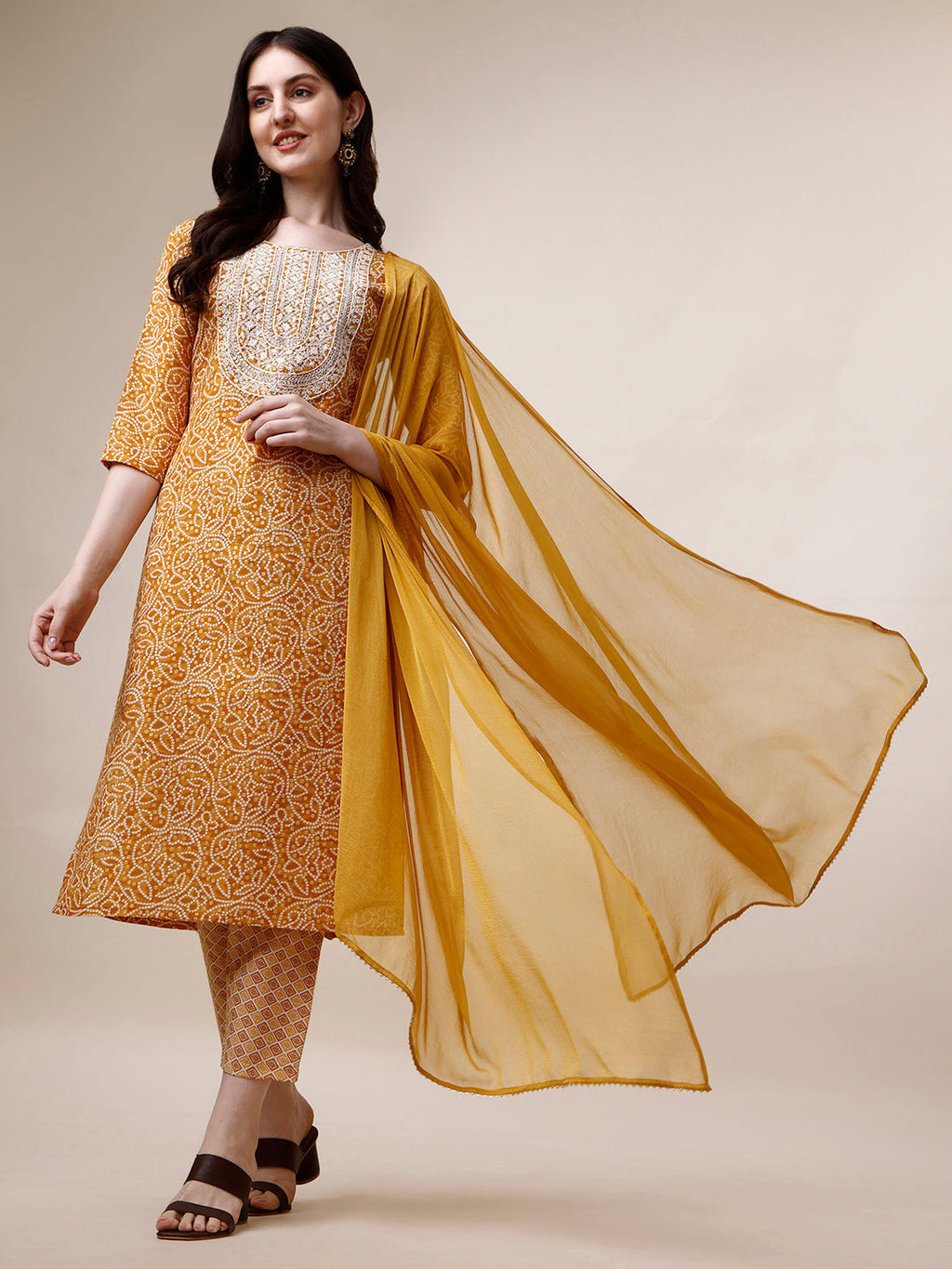Multicolor Bandhani printed rayon kurta set with thread embroidery and matching dupatta