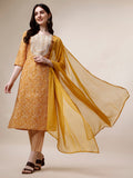 Multicolor Bandhani printed rayon kurta set with thread embroidery and matching dupatta