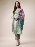 Woman wearing a multicolor ethnic motif printed and embroidered kurta set with matching dupatta.
