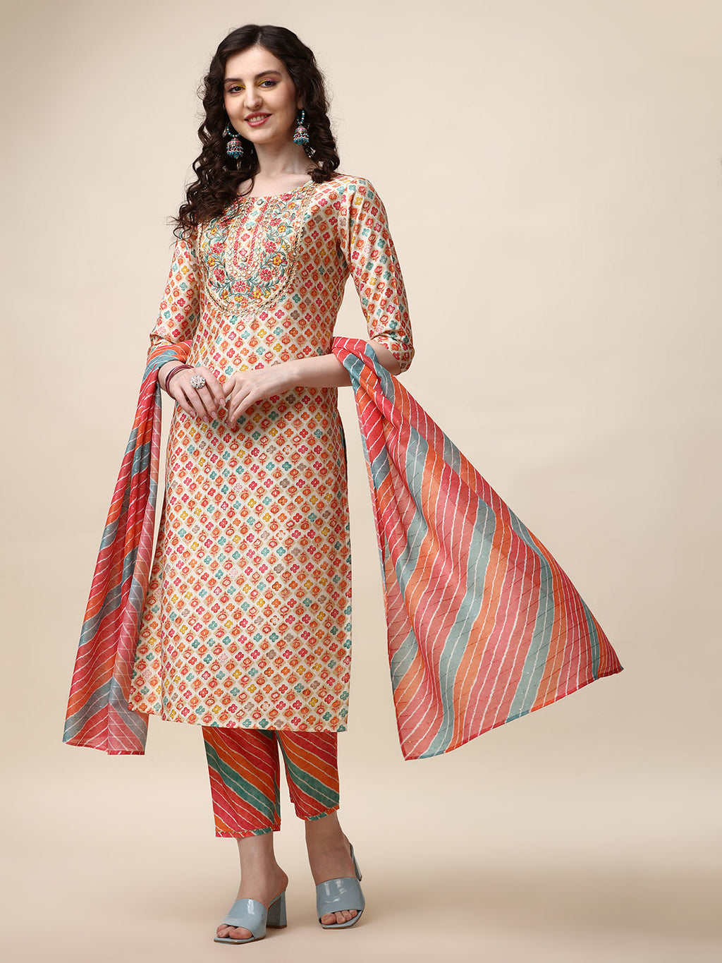 Multicolor ethnic motif printed and embroidered kurta with matching pants and dupatta
