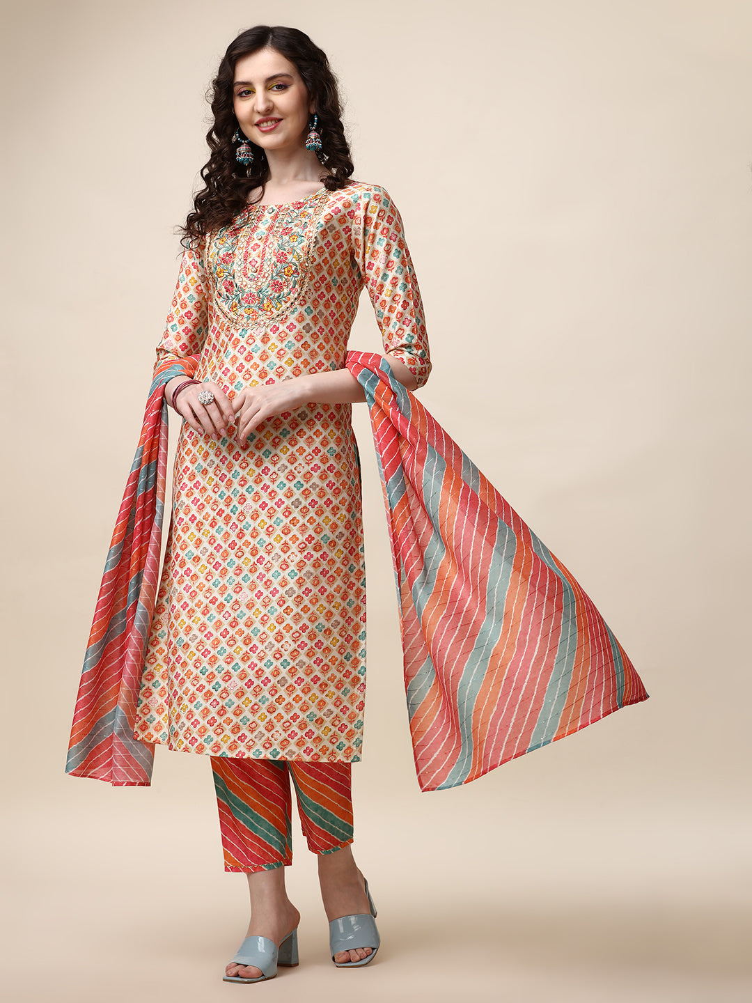 Multicolor ethnic motif printed and embroidered kurta with matching pants and dupatta