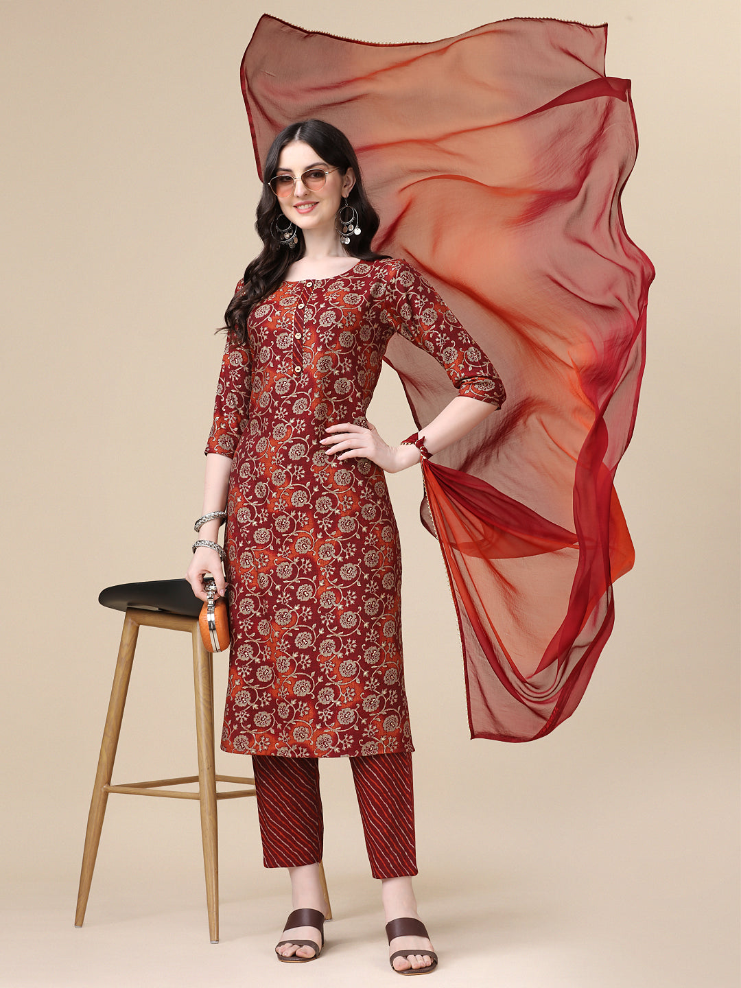 Multicolor printed rayon kurta set with 3/4th sleeves, matching pants, and dupatta