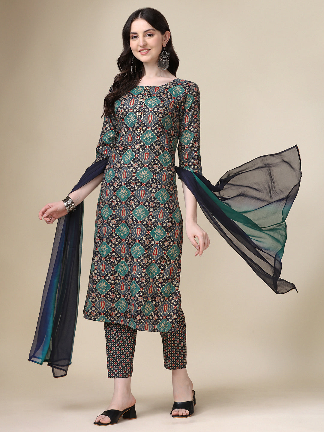 Multicolor printed rayon kurta set with pant and matching dupatta