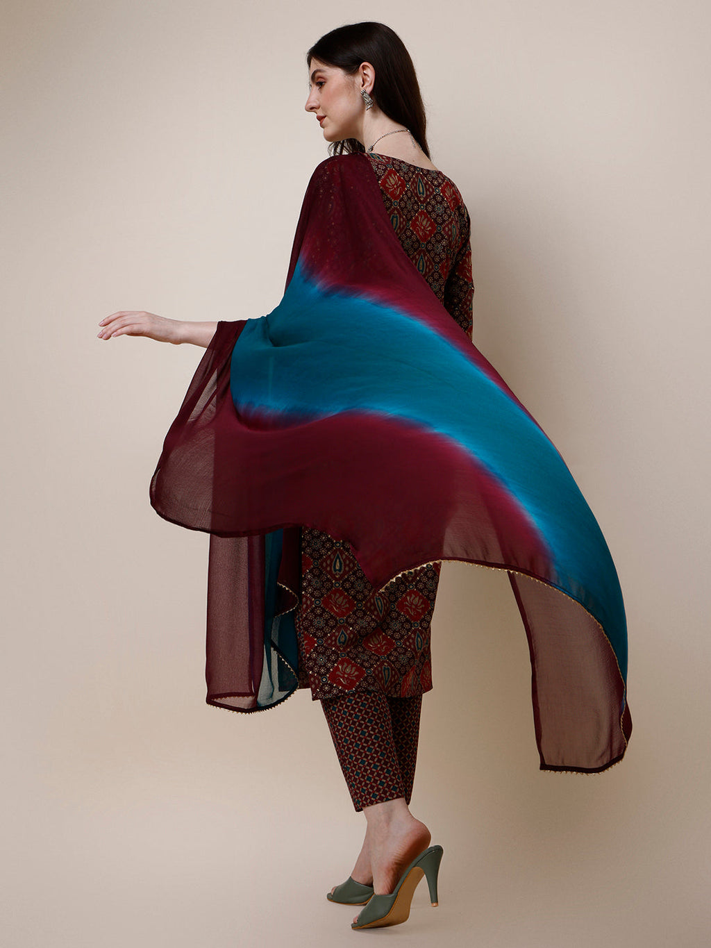Multicolor Printed Kurta Set with 3/4 Sleeves and Dupatta