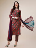Multicolor printed rayon kurta with 3/4 sleeves, featuring matching trousers and a coordinated dupatta.