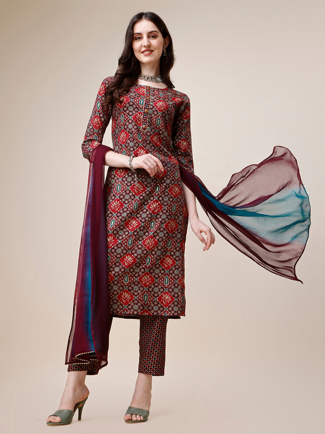 Multicolor printed rayon kurta with 3/4 sleeves, featuring matching trousers and a coordinated dupatta.