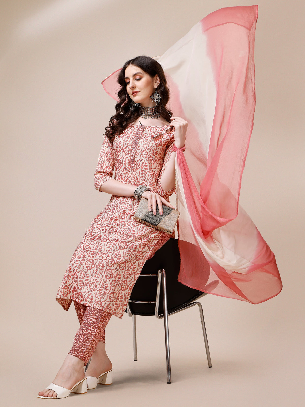 Multicolor printed rayon kurta set with 3/4th sleeves, pants, and matching dupatta