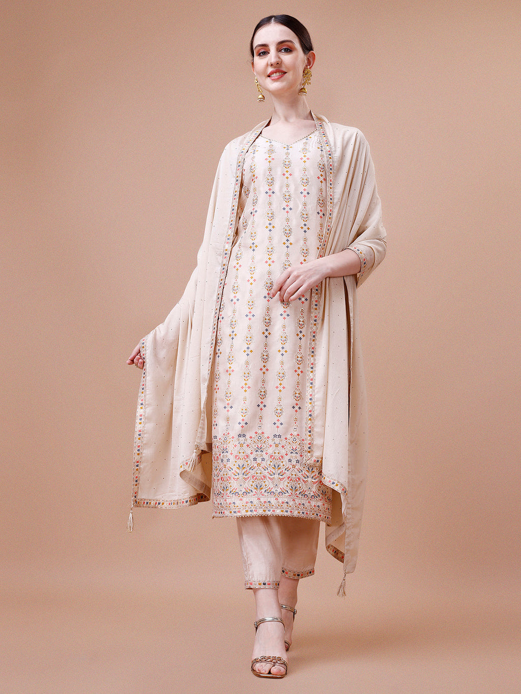 Multicolor Pure Muslin Banarasi Jacquard Kurta set with trousers and dupatta