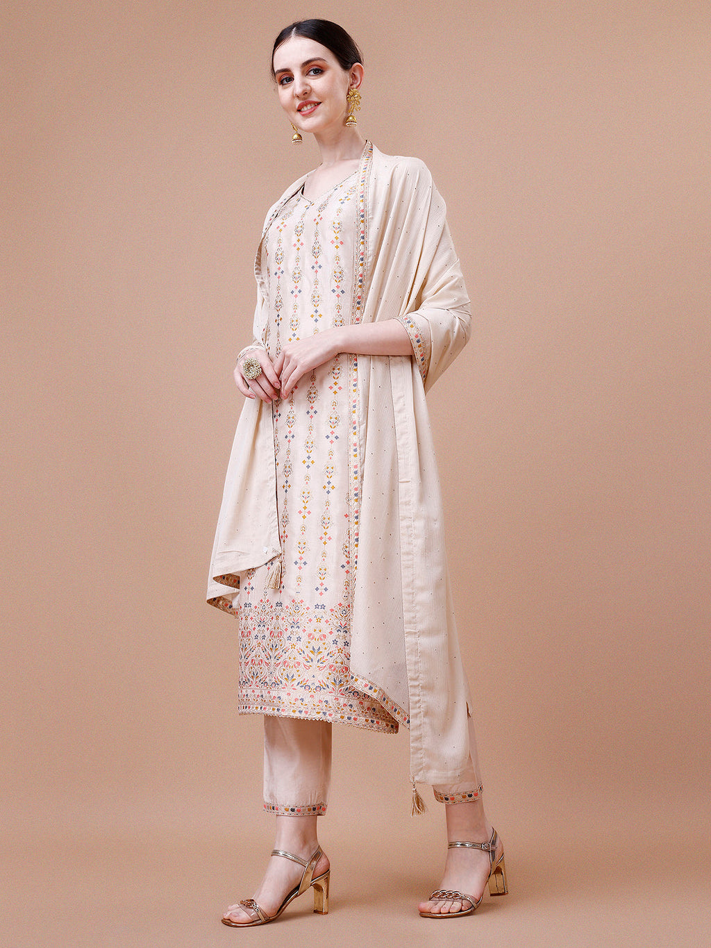 Multicolor Pure Muslin Banarasi Jacquard Kurta with Trousers & Dupatta