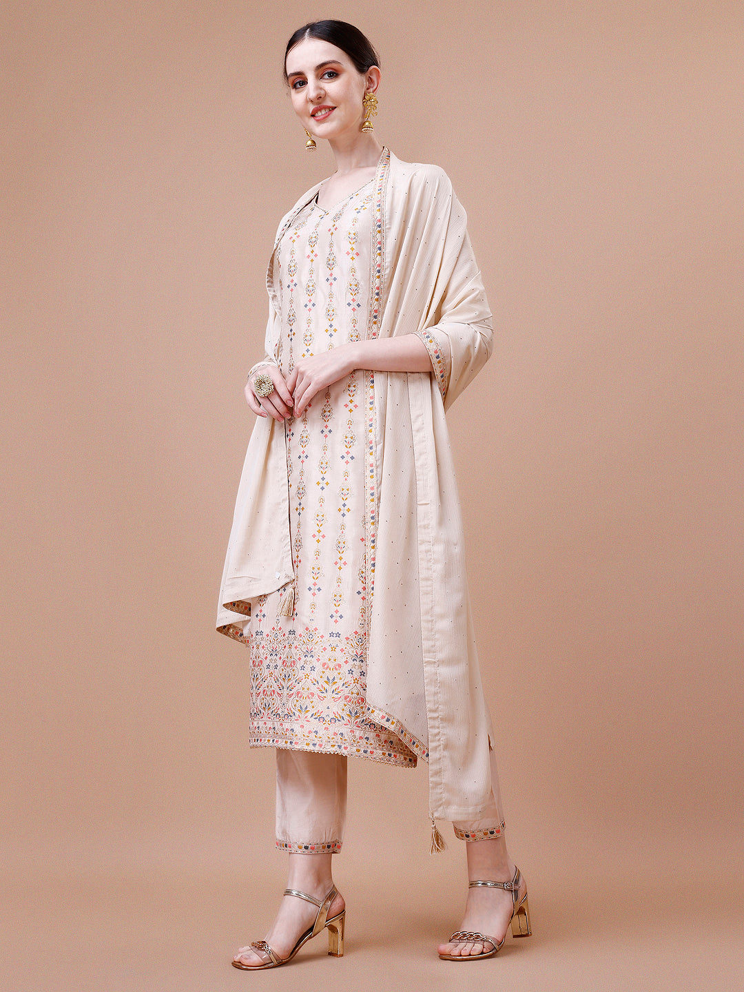 Multicolor Pure Muslin Banarasi Jacquard Kurta with Trousers & Dupatta