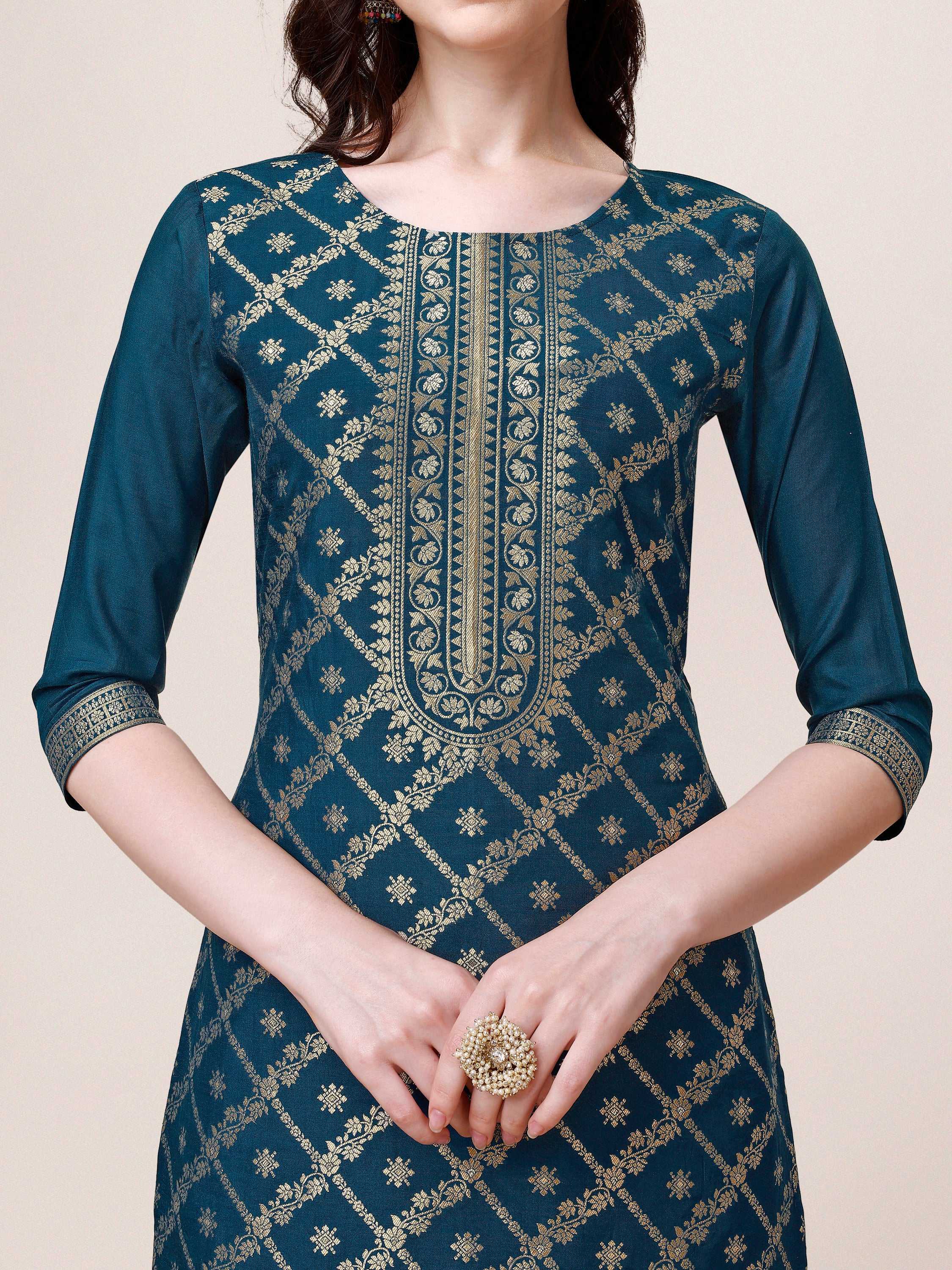 Multicolor Pure Maslin Jacquard Kurta Set with Pant and Dupatta