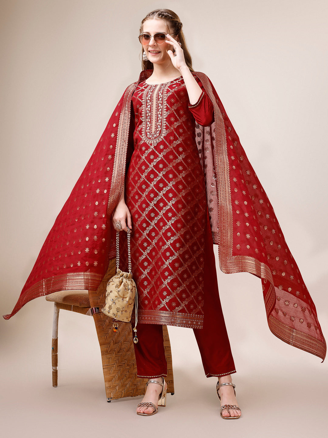 Multicolor pure maslin jacquard kurta set with elegant patterns and matching dupatta