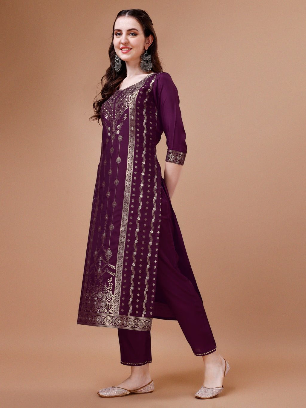 Multicolor Pure Muslin Banarasi Jacquard Kurta with Trousers & Dupatta
