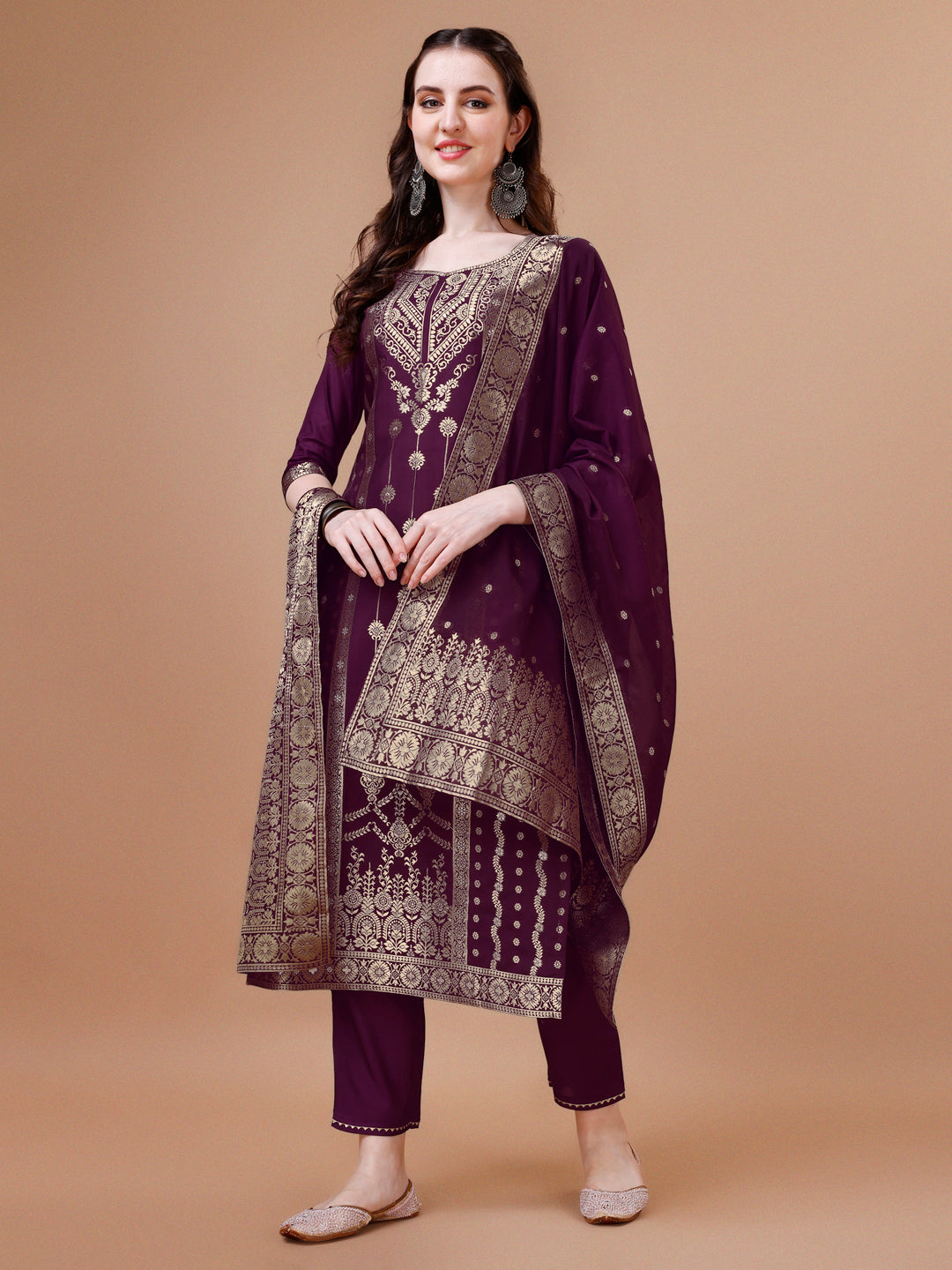 Multicolor Pure Muslin Banarasi Jacquard Kurta set featuring a round neck, 3/4th sleeves, trousers, and matching dupatta.