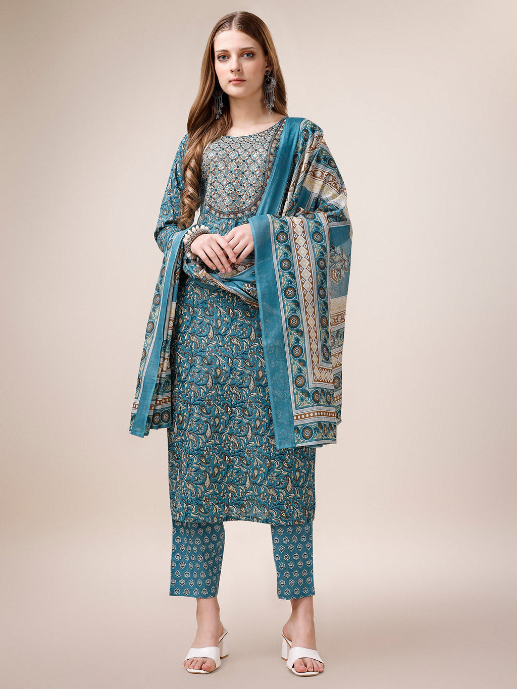 Multicolor paisley printed rayon kurta set with embroidered details and dupatta