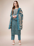 Multicolor paisley printed rayon kurta set with embroidered details and dupatta