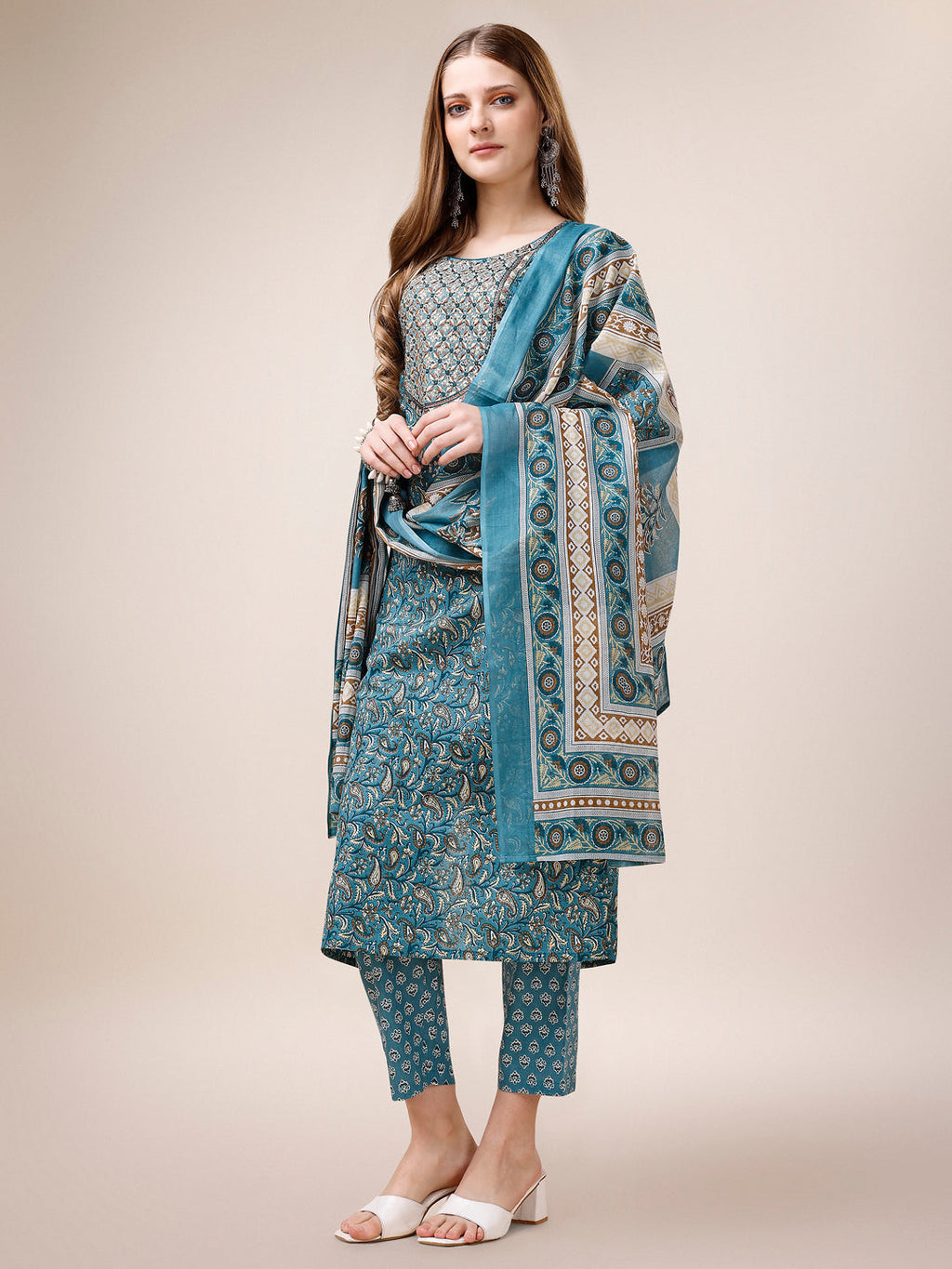 Multicolor Paisley Printed Rayon Kurta Set with Embroidery