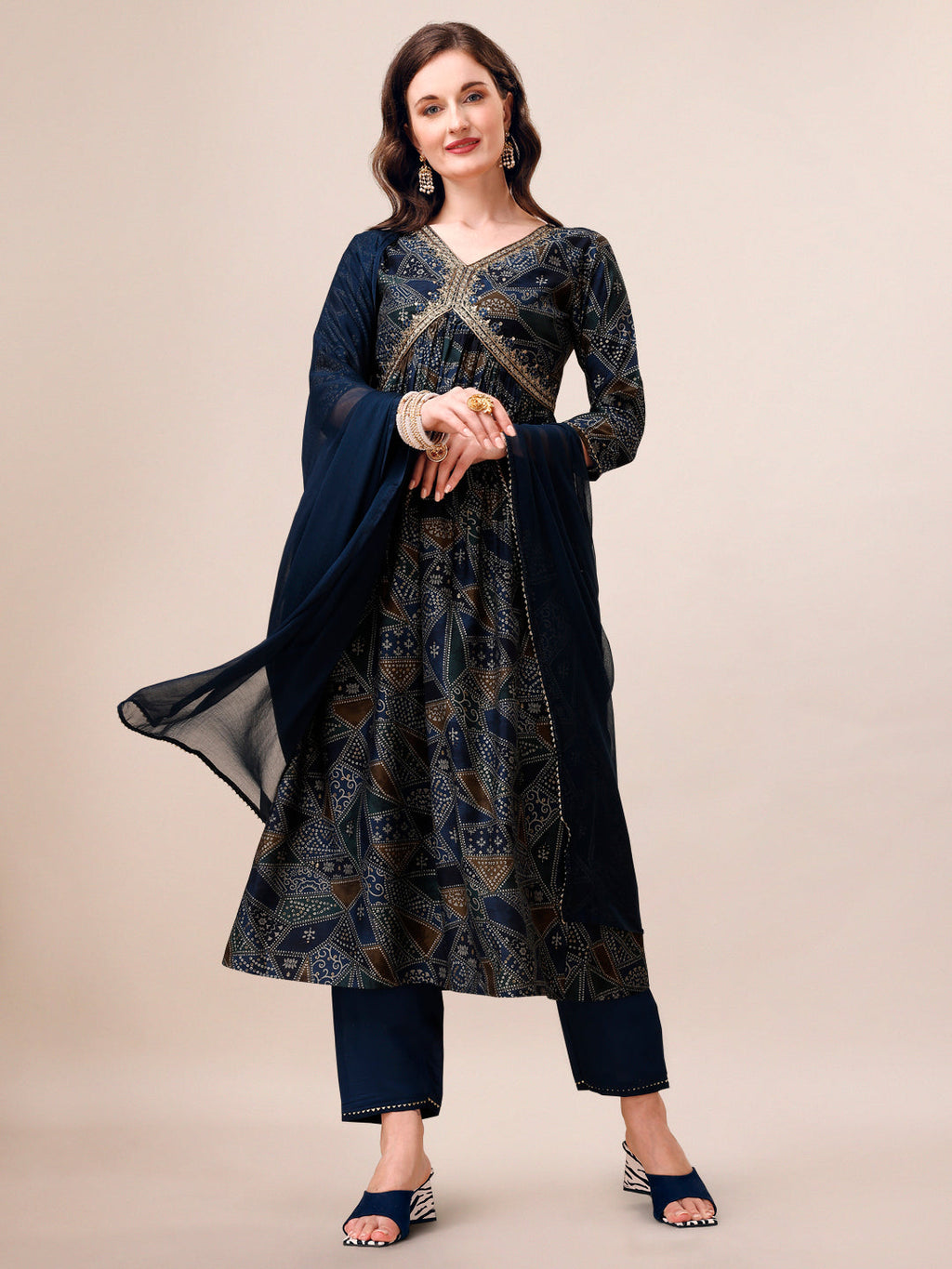 Multicolor Alia cut embroidered kurta set with matching pants and dupatta.