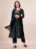 Multicolor Alia cut embroidered kurta set with matching pants and dupatta.