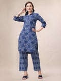 Multicolor printed collar kurta paired with matching pants, featuring 3/4th sleeves.