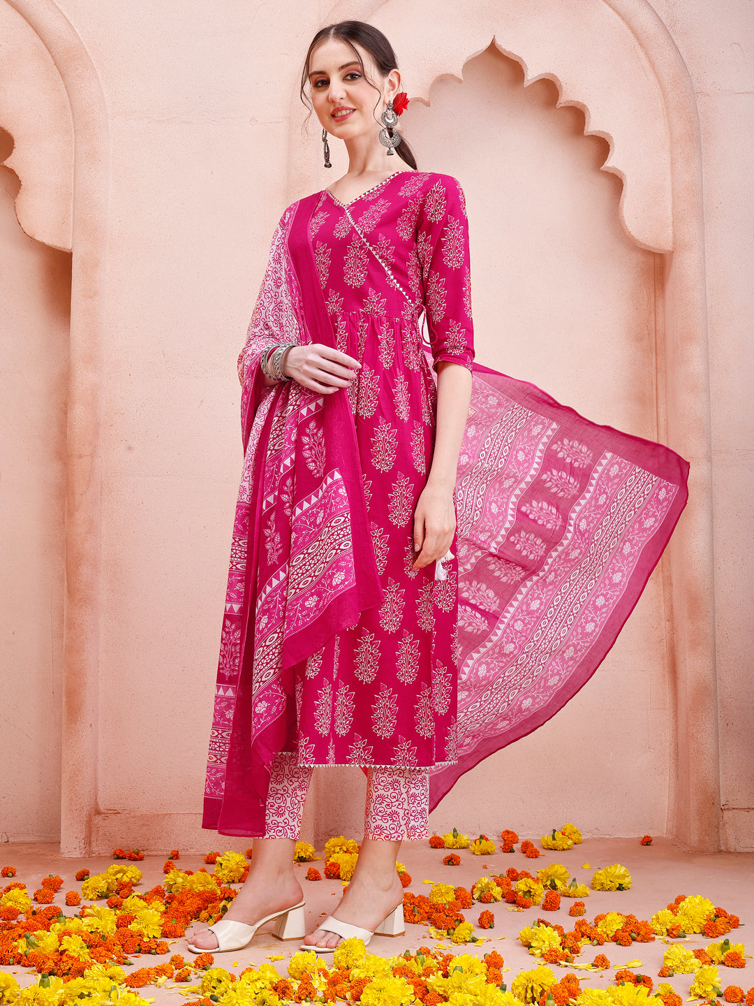 Multicolor Angarakha Style Anarkali Kurta Set with Dupatta