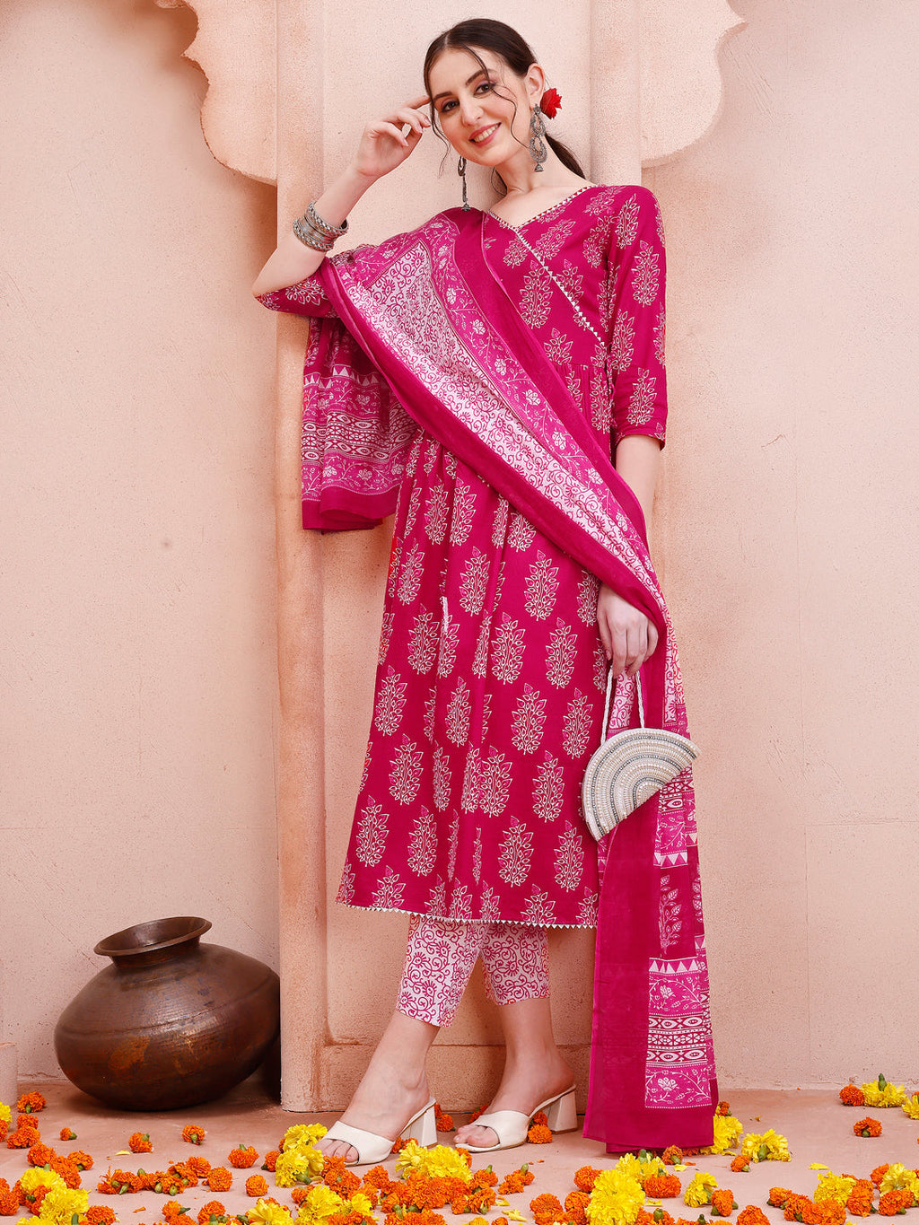 Angarakha style Anarkali kurta in multicolor print with matching pants and dupatta.