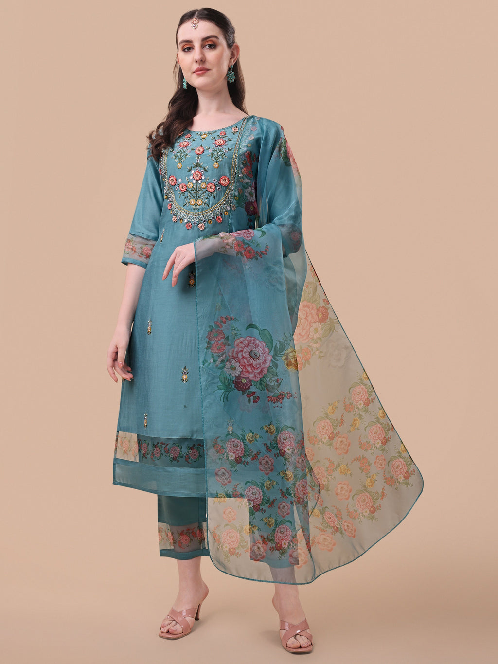 Hand-embroidered multicolor kurta set with floral organza dupatta