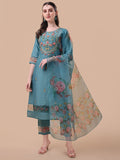 Hand-embroidered multicolor kurta set with floral organza dupatta