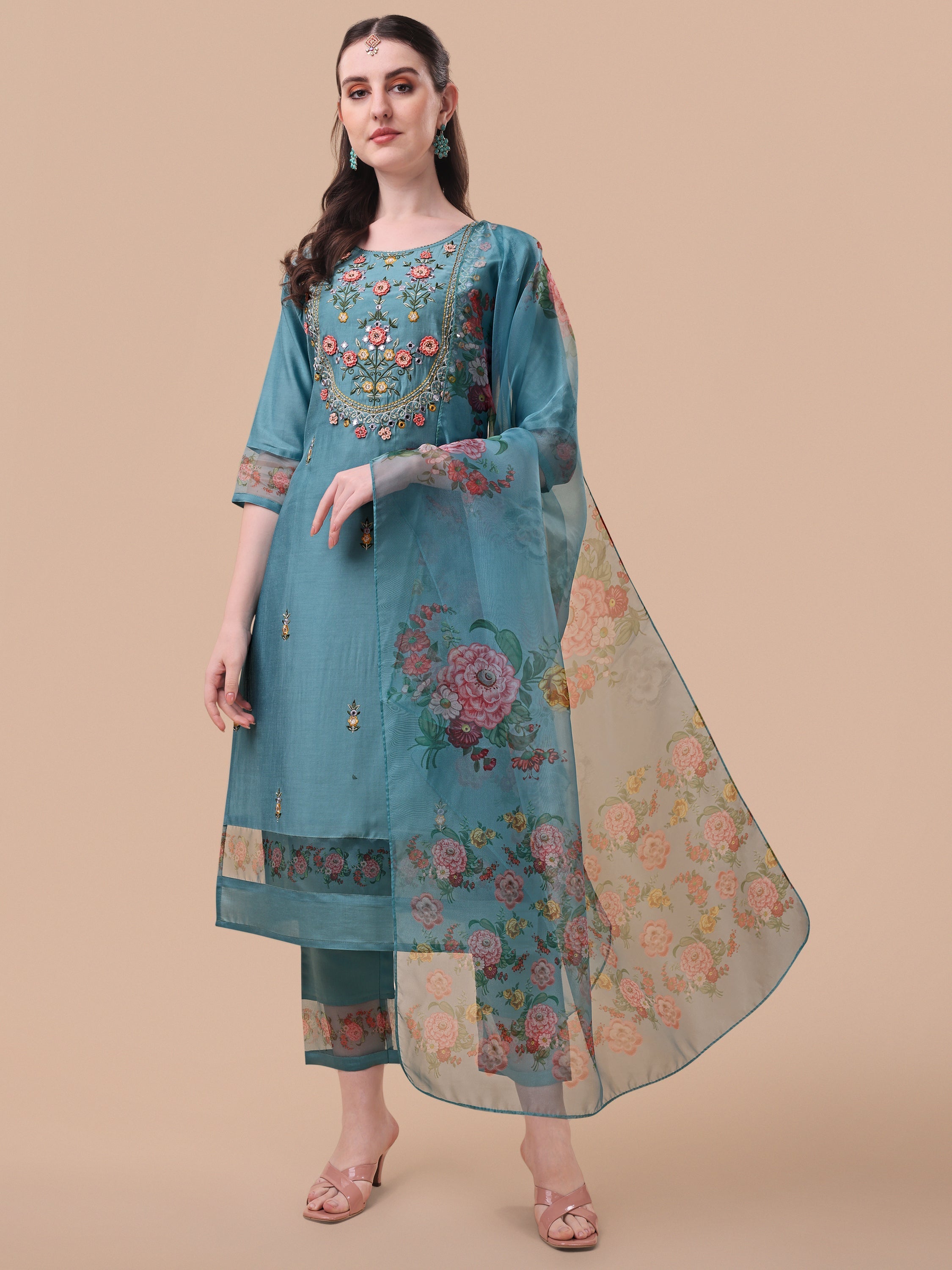 Hand-embroidered multicolor kurta set with floral organza dupatta