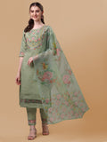 Multicolor hand-embroidered rayon kurta set with printed organza dupatta for women