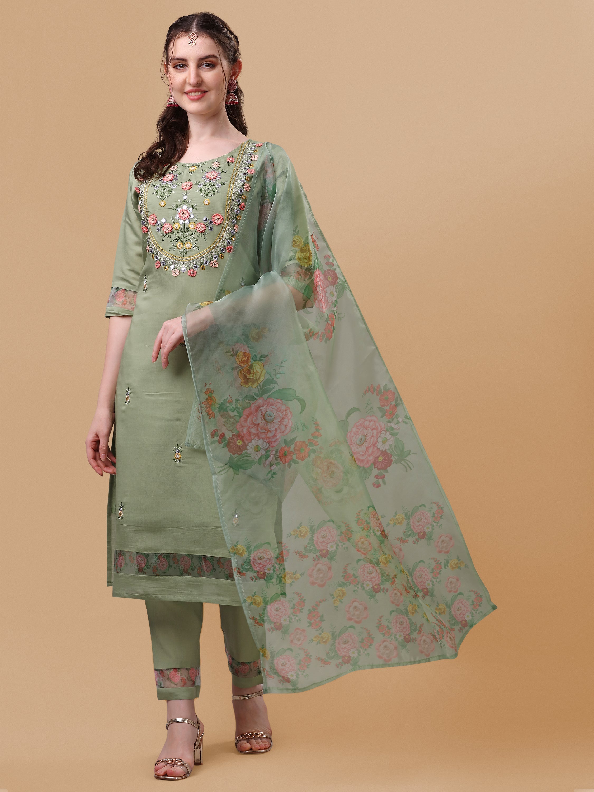 Multicolor hand-embroidered rayon kurta set with printed organza dupatta for women