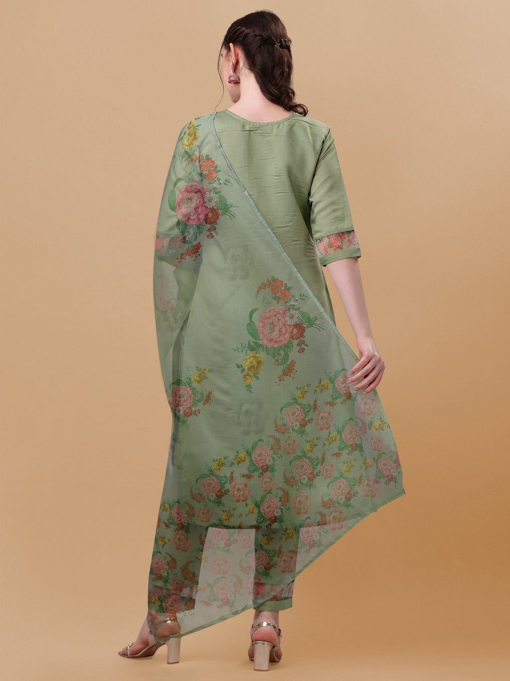 Hand Embroidered Multicolor Rayon Kurta Set with Printed Dupatta
