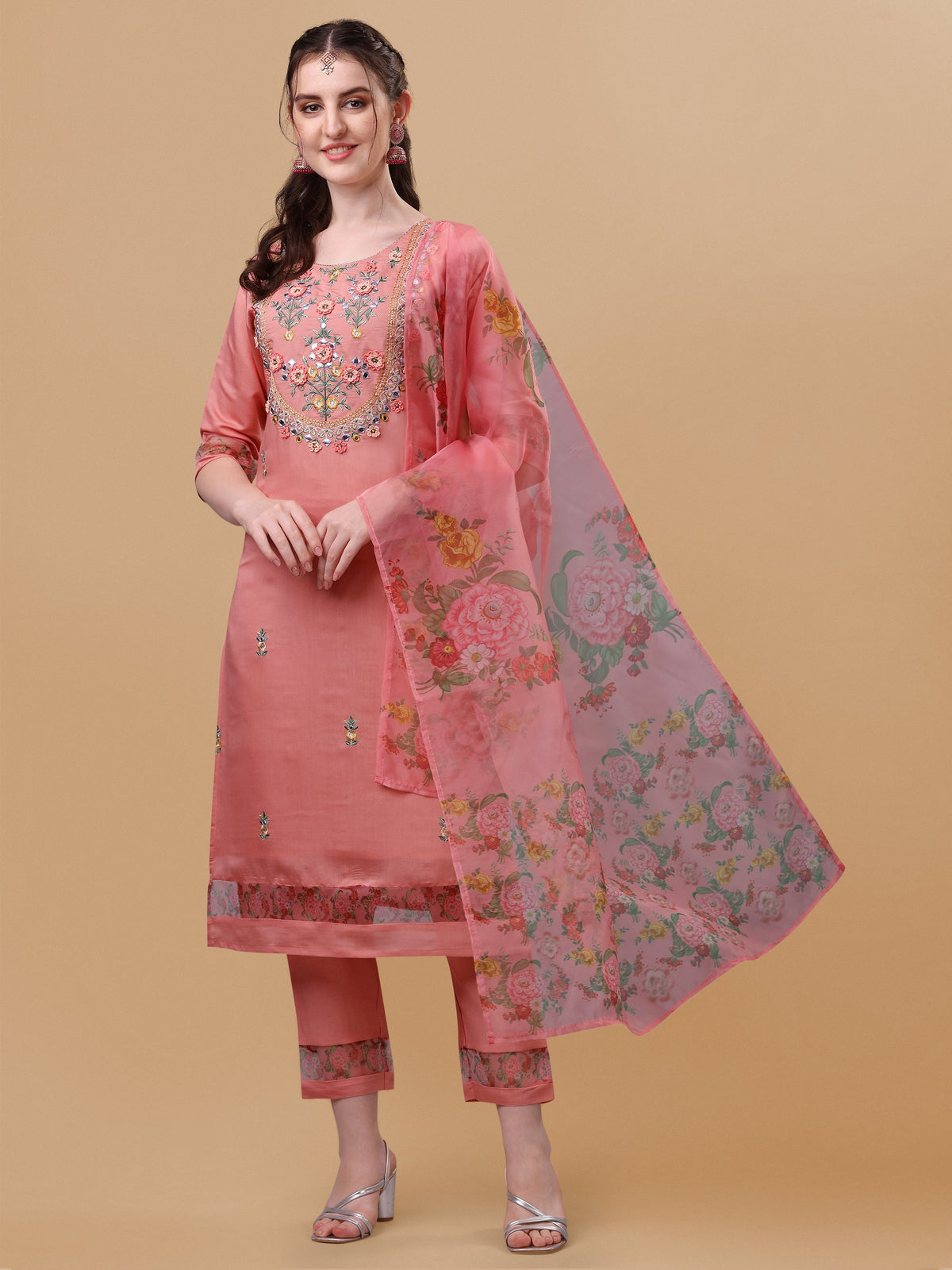 Multicolor embroidered rayon kurta set with matching pants and dupatta