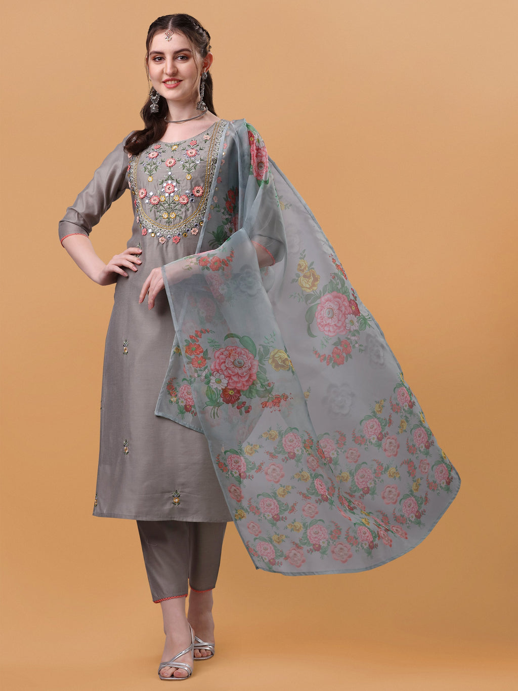 Multicolor hand embroidered rayon kurta set with organza printed dupatta