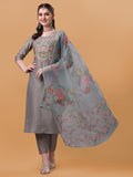 Multicolor hand embroidered rayon kurta set with organza printed dupatta